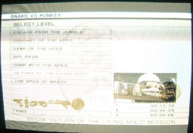 Here's the familiar Selection Menu, but some of the options have changed.<br />Here are the options-<br />ESCAPE FROM THE JUNGLE<br />DRAGNET OF THE APES<br />DAWN OF THE APES<br />APE FEAR<br />GONE WITH THE APES<br />RETURN OF THE LIVING APES (NEW)<br />THE APES OF WRATH (NEW)